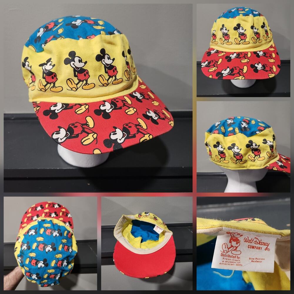 VTG 80s Disney Mickey Mouse AOP Painters Hat Cap Drew Pearson OS One Size
